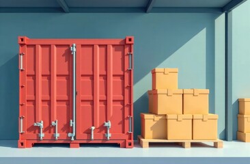 illustration of goods delivery system. Big intermodal steel container and wooden pallet with pile of cardboxes in warehouse room waiting for transportation