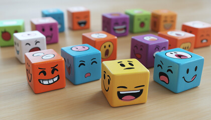 Illustrated cubes with diverse emotions on a light wooden table, highlighting the spectrum of customer experiences