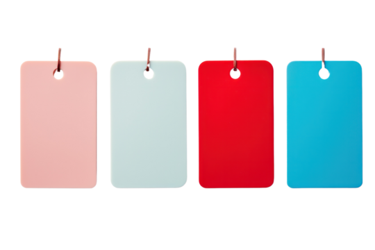 An overhead shot of a cluster of four tags in red, blue, pink, and green, placed randomly on a pristine white surface. Each tag features a clean and modern look