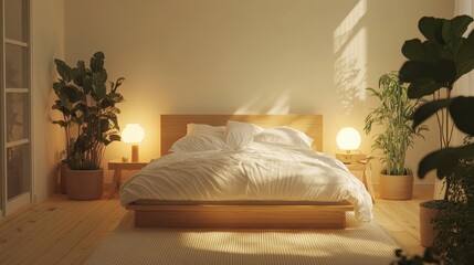 A bedroom with a wooden bed, white sheets, and a white wall