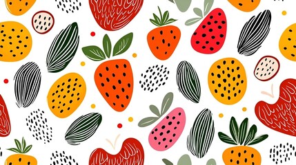 Vibrant hand-drawn berries surrounded by lush leaves and whimsical shapes, creating a lively and artistic botanical composition.