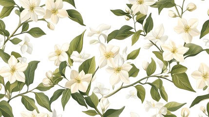 Elegant White Blossoms and Lush Green Leaves Seamless Pattern