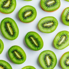 Fototapeta premium Vibrant Kiwi Fruit Pattern Fresh Slices on White Background