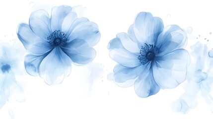 Two Delicate Blue Watercolor Flowers on White Background