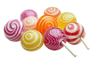 Assorted lollipops in different colors and flavors, some with swirls and others solid, placed together.