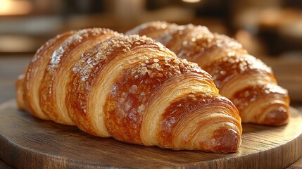 Fresh French croissants arranged on a rustic wooden table bathed in soft morning light.