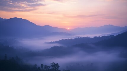 Fototapeta premium A serene sunrise over a misty mountain range, Sunrise scene, Tranquil style