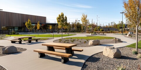 A modern, landscaped park featuring benches, trees, and a pathway, offering a tranquil space for relaxation and outdoor activities.