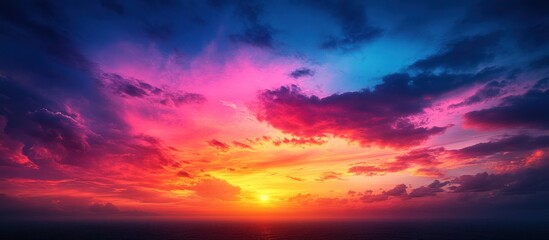 Vibrant sunset over the ocean with colorful clouds.