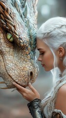 Mystical woman with white hair in medieval armor softly stroking the muzzle of a huge golden dragon, vertical wallpaper for smartphone.