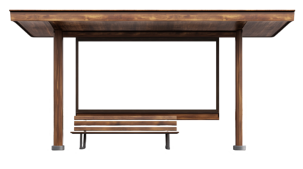 Bus stop shelter with empty ad space and bench, isolated on transparent background 