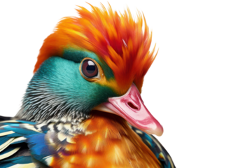 Close-up of a cute mandarin duck showcasing intricate feather patterns and vivid colors, looking directly forward.