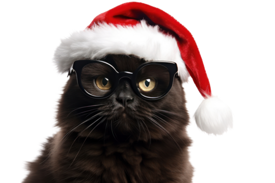 Close-up of a black cat in a Santa outfit with glasses, looking directly at the camera, ready to celebrate the New Year with a playful expression.