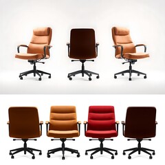 Obraz premium Three views of brown and red office chairs.