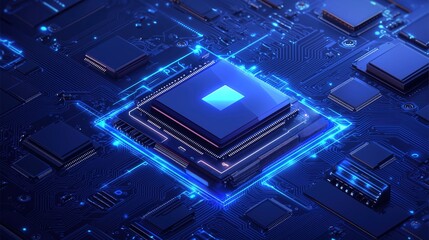 Close-up of a glowing microchip on a blue circuit board representing advanced technology and digital innovation.