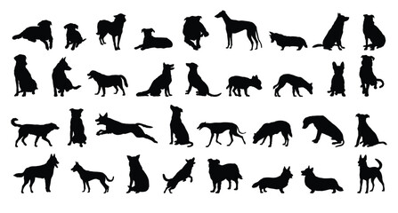 dog and puppy silhouette set. dog and puppy different breed. greyhound, pug, shepherd, French bulldog and others isolated farm animal silhouette icon vector collection
