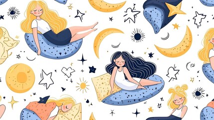 Serene Slumber, a peaceful scene showcasing girls in tranquil sleep, surrounded by soft pillows, evoking calm and comfort in a cozy atmosphere.