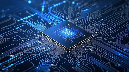 Close-up of a glowing microchip on a blue circuit board, symbolizing advanced technology and digital innovation.