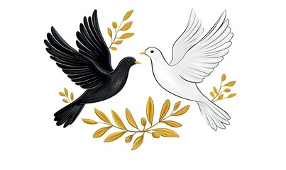 Obraz premium Dove of Peace, soaring gracefully through the sky, embodying tranquility, with one perched serenely, symbolizing hope and harmony.