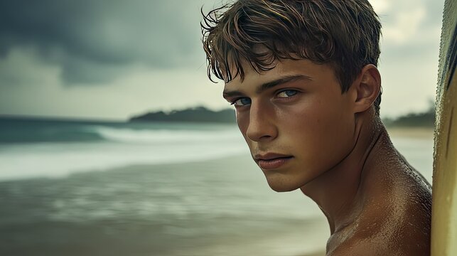 A young man preparing his surfboard for the waves, looking determined with the beach and ocean ahead.