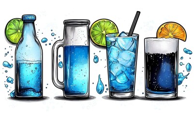 Obraz premium Colorful liquids in diverse containers, showcasing vibrant hues and unique shapes, arranged artistically on a smooth surface.