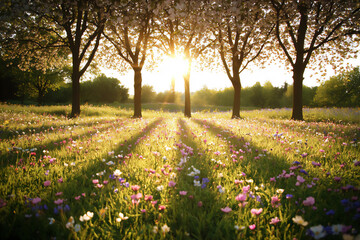 Fototapeta premium golden hour cherry blossoms and wildflowers