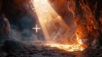 The concept of God helping and cross on the sunset background 