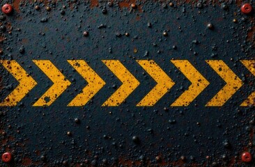 Fototapeta premium Old black grungy metal plate surface with yellow warning stripes in center. Banner, place for text