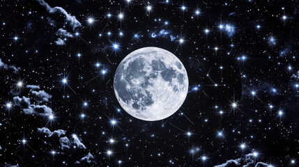 Fototapeta premium Celestial Serenity: Full moon shining brilliantly amidst a breathtaking expanse of stars and wispy clouds, creating a magical and serene nightscape. 