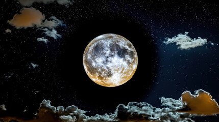 Naklejka premium Full Moon Majesty: A majestic full moon illuminates the night sky, casting a soft glow on wispy clouds and a star-studded expanse.