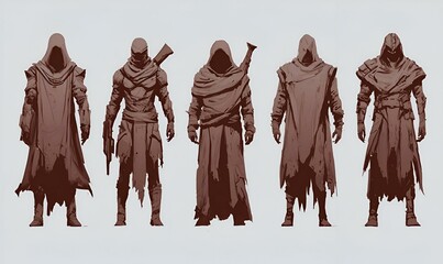 Diverse RPG Character Archetypes, intricate sketches showcasing unique traits, attire, and weaponry of fantasy heroes and villains.