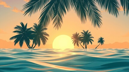 Obraz premium Silhouette of palm trees on the beach at sunset, a tropical paradise