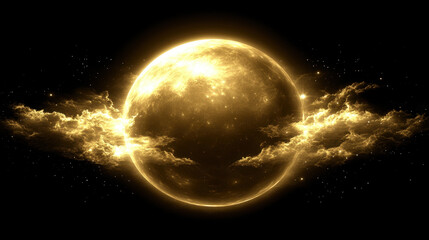 Fototapeta premium Golden Celestial Orb: A mesmerizing golden moon, radiant and luminous, emerges from ethereal clouds, creating a mystical and awe-inspiring celestial scene. 