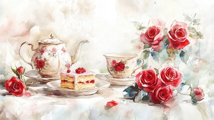 Watercolor illustration of British afternoon tea,tea break in the English style,tea set with Afternoon tea stand with macaroons and scone,cake,cup of tea,Tea time dessert table,vintage style.