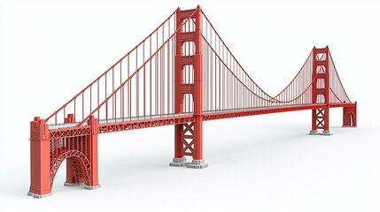 Iconic red suspension bridge isolated on white.