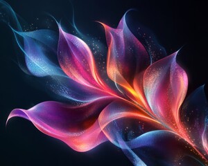 Fototapeta premium Abstract holographic plant with flowing shapes on a dark black background