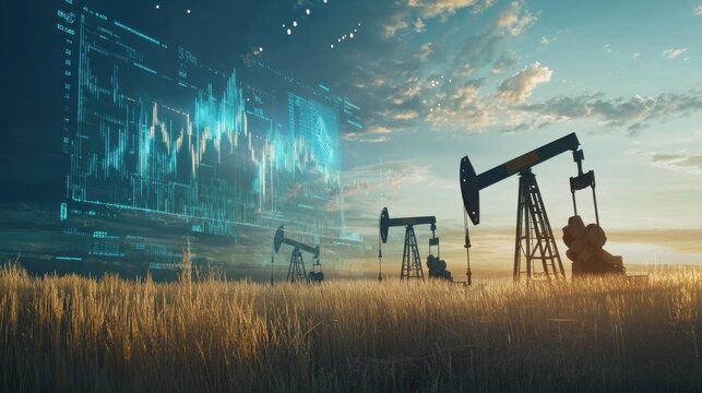 Rise in gasoline prices concept with double exposure of digital screen with growing financial chart candlestick and oil pumps on a field - Powered by Adobe
