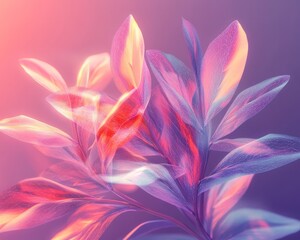 Fototapeta premium Abstract holographic plant with geometric leaves on a purple background 