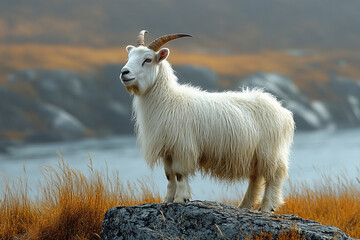 Obraz premium A Fluffy White Goat Stands On A Rock
