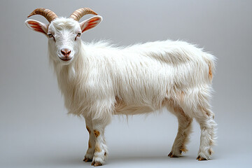 Obraz premium A Fluffy White Goat Stands Against A Gray Background