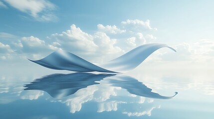 Obraz premium A smooth white banner gently floating over a tranquil water body, reflecting the sky above
