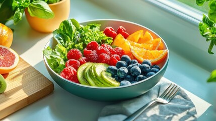 Nutritious snacks displayed on kitchen counter with bright sunlight food home environment side angle view