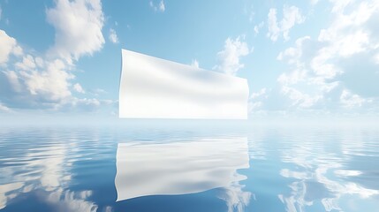 A smooth white banner gently floating over a tranquil water body, reflecting the sky above