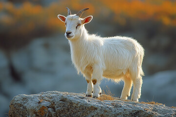 Obraz premium A Young White Goat Stands On A Rock