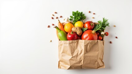 A brown paper bag brimming with vibrant fruits and veggies rests atop a pristine white surface—featuring bananas, oranges, lemons, potatoes, carrots, and zucchinis
