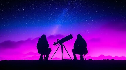 Naklejka premium Couple gazing at stars with telescope, serene night sky, twinkling constellations, shared wonder, intimate moment under the cosmos.