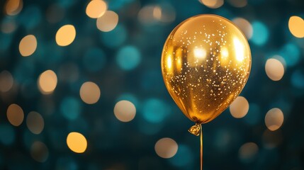 Close-up of a single golden balloon with a bokeh party background, luxurious and elegant event theme