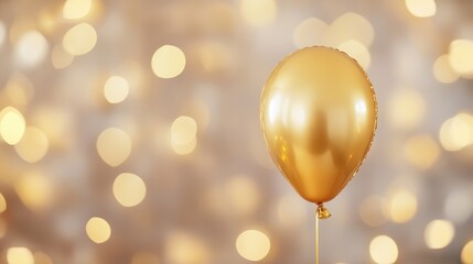 Close-up of a single golden balloon with a bokeh party background, luxurious and elegant event theme
