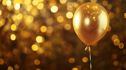 Close-up of a single golden balloon with a bokeh party background, luxurious and elegant event theme