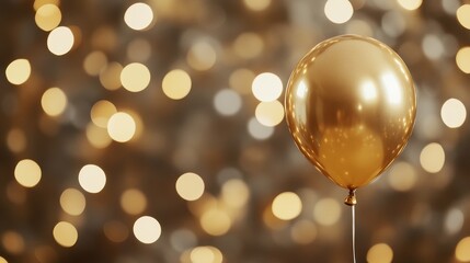 Close-up of a single golden balloon with a bokeh party background, luxurious and elegant event theme